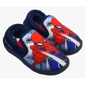 Boys Spiderman Slippers Marvel Slip On‎ Kids Size 8 Fleece Insole Navy Spidey